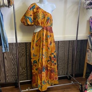 FARM Rio One-Shoulder Orange Patterned Dress